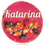 Beautifully decorated red velvet berry birthday cake with vibrant fruits and a glowing 'Katarina' name, adding a touch of sweetness and sparkle.