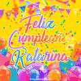 A bright and festive GIF with the text 'Feliz Cumpleaños Katarina' in Spanish in colorful fonts, surrounded by confetti, balloons, and festive banners on a vibrant yellow background.