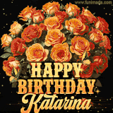 Animated bouquet of orange roses with moving butterfles and golden 'Happy Birthday Katarina' text, surrounded by sparkling accents and a dark backdrop for a luxurious feel.