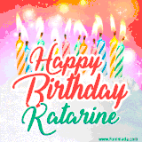 Bright birthday candles with rainbow flames on a cake, alongside the text 'Happy Birthday Katarine' in vibrant script in this celebratory animated GIF.