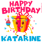 A vibrant and funny gift box character with a happy face dancing with a cupcake and the text 'Happy Birthday Katarine,' surrounded by animated confetti and party vibes.