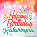 Bright birthday candles with rainbow flames on a cake, alongside the text 'Happy Birthday Katarzyna' in vibrant script in this celebratory animated GIF.