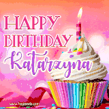 A vibrant birthday GIF featuring a rainbow-colored cupcake topped with white frosting, sprinkles, and a lit candle. The text reads 'Happy Birthday Katarzyna' in bold pink and violet letters with white outline.