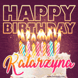 A colorful birthday cake topped with lit candles, with the words 'Happy Birthday Katarzyna' in bold glowing letters on a burgundy background. Animated flames add a festive touch.