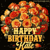 Animated bouquet of orange roses with moving butterfles and golden 'Happy Birthday Kate' text, surrounded by sparkling accents and a dark backdrop for a luxurious feel.