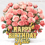 Golden 'Happy Birthday Kate' text beneath a vibrant bouquet of orange roses, complete with glittering butterflies and sparkling details.