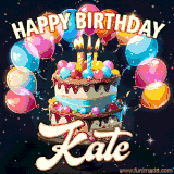 Bright birthday animation for Kate with a chocolate cake, candles, balloons, and glowing celebratory lights.