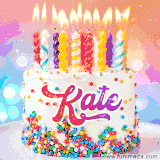 A cheerful white birthday cake with multicolor sprinkles, lit candles, and 'Kate' written in vibrant letters, in an animated GIF.