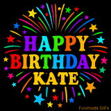 Personalized greeting card with name, colorful text that says 'Happy Birthday Kate' surrounded by animated fireworks and multicolor stars