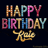 Vibrant luxury birthday greeting card for Kate, showing glittering gemstone letters and golden calligraphy on a dark background with twinkling shine effects.