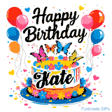 An animated birthday card for Kate. It features a festive cake with her name, 'Kate', and colorful butterflies. Floating balloons and hearts complete the joyful scene.