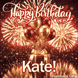 A crimson gift box decorated with a golden ribbon bow and a bundle of shiny red and gold balloons for Kates birthday.