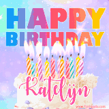 A vibrant animated name GIF with the words 'Happy Birthday Katelijn' with colorful candles on a creamy cake. The background sparkles with pastel shades, adding a festive touch.