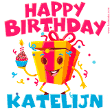 A vibrant and funny gift box character with a happy face dancing with a cupcake and the text 'Happy Birthday Katelijn,' surrounded by animated confetti and party vibes.