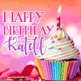 A vibrant birthday GIF featuring a rainbow-colored cupcake topped with white frosting, sprinkles, and a lit candle. The text reads 'Happy Birthday Katell' in bold pink and violet letters with white outline.