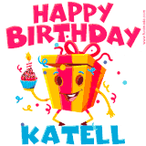 A vibrant and funny gift box character with a happy face dancing with a cupcake and the text 'Happy Birthday Katell,' surrounded by animated confetti and party vibes.