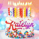 A cheerful white birthday cake with multicolor sprinkles, lit candles, and 'Katelyn' written in vibrant letters, in an animated GIF.