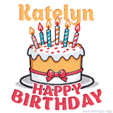 Cartoon birthday cake with a red bow, glowing candles, and 'Katelyn Happy Birthday' text in bold animated style.