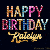 Vibrant luxury birthday greeting card for Katelyn, showing glittering gemstone letters and golden calligraphy on a dark background with twinkling shine effects.