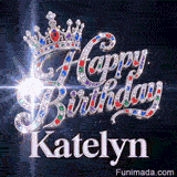 A detailed view of a silver crown with red and purple gemstones resting on crystal-encrusted letters spelling Happy Birthday Katelyn.