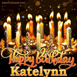 A glowing personalized birthday GIF with name Katelynn featuring lit candles with intricate designs, warm lighting, and the text 'Happy Birthday' in an elegant font.