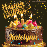 A delightful chocolate birthday cake with bright candles and 'Happy Birthday Katelynn' written in gold amidst a shower of animated stars.