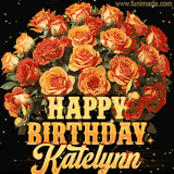 Animated bouquet of orange roses with moving butterfles and golden 'Happy Birthday Katelynn' text, surrounded by sparkling accents and a dark backdrop for a luxurious feel.