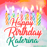 Bright birthday candles with rainbow flames on a cake, alongside the text 'Happy Birthday Katerina' in vibrant script in this celebratory animated GIF.