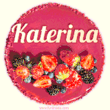Beautifully decorated red velvet berry birthday cake with vibrant fruits and a glowing 'Katerina' name, adding a touch of sweetness and sparkle.