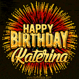 Golden 'Happy Birthday Katerina' text accompanied by animated rainbow fireworks for a festive animated greeting.