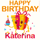 A vibrant and funny gift box character with a happy face dancing with a cupcake and the text 'Happy Birthday Katerina,' surrounded by animated confetti and party vibes.