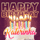 A colorful birthday cake topped with lit candles, with the words 'Happy Birthday Katerinka' in bold glowing letters on a burgundy background. Animated flames add a festive touch.