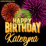 A golden 'Happy Birthday Kateryna' message with vibrant fireworks in the background, creating a festive and celebratory vibe in this animated name GIF.