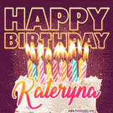 A colorful birthday cake topped with lit candles, with the words 'Happy Birthday Kateryna' in bold glowing letters on a burgundy background. Animated flames add a festive touch.