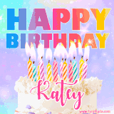 A vibrant animated name GIF with the words 'Happy Birthday Katey' with colorful candles on a creamy cake. The background sparkles with pastel shades, adding a festive touch.