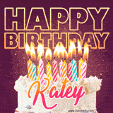 A colorful birthday cake topped with lit candles, with the words 'Happy Birthday Katey' in bold glowing letters on a burgundy background. Animated flames add a festive touch.