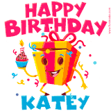 A vibrant and funny gift box character with a happy face dancing with a cupcake and the text 'Happy Birthday Katey,' surrounded by animated confetti and party vibes.