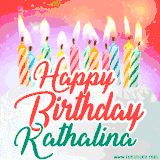 Bright birthday candles with rainbow flames on a cake, alongside the text 'Happy Birthday Kathalina' in vibrant script in this celebratory animated GIF.