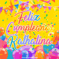 A bright and festive GIF with the text 'Feliz Cumpleaños Kathalina' in Spanish in colorful fonts, surrounded by confetti, balloons, and festive banners on a vibrant yellow background.