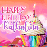 A vibrant birthday GIF featuring a rainbow-colored cupcake topped with white frosting, sprinkles, and a lit candle. The text reads 'Happy Birthday Kathalina' in bold pink and violet letters with white outline.