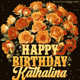 Animated bouquet of orange roses with moving butterfles and golden 'Happy Birthday Kathalina' text, surrounded by sparkling accents and a dark backdrop for a luxurious feel.