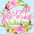 A charming animated GIF featuring 'Happy Birthday Kathalina' in pink and green text, surrounded by delicate roses, leaves, and fluttering butterflies on a soft light blue pastel background.