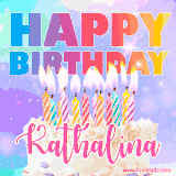 A vibrant animated name GIF with the words 'Happy Birthday Kathalina' with colorful candles on a creamy cake. The background sparkles with pastel shades, adding a festive touch.