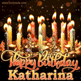 A glowing personalized birthday GIF with name Katharina featuring lit candles with intricate designs, warm lighting, and the text 'Happy Birthday' in an elegant font.