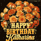 Animated bouquet of orange roses with moving butterfles and golden 'Happy Birthday Katharina' text, surrounded by sparkling accents and a dark backdrop for a luxurious feel.