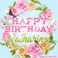 A charming animated GIF featuring 'Happy Birthday Katharina' in pink and green text, surrounded by delicate roses, leaves, and fluttering butterflies on a soft light blue pastel background.