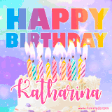 A vibrant animated name GIF with the words 'Happy Birthday Katharina' with colorful candles on a creamy cake. The background sparkles with pastel shades, adding a festive touch.