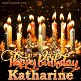 A glowing personalized birthday GIF with name Katharine featuring lit candles with intricate designs, warm lighting, and the text 'Happy Birthday' in an elegant font.