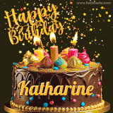A delightful chocolate birthday cake with bright candles and 'Happy Birthday Katharine' written in gold amidst a shower of animated stars.