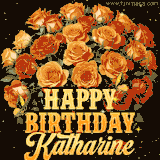 Animated bouquet of orange roses with moving butterfles and golden 'Happy Birthday Katharine' text, surrounded by sparkling accents and a dark backdrop for a luxurious feel.